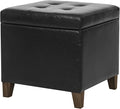 Adeco Faux Leather Storage Ottoman Bench with Solid Wood Legs, 17.7" Square Black PU Cube Foot Stool, Upholstered Button Tufted Vanity Chair with Hinged Lid for Living Room, Bedroom, Dorm-Ruum Studio Home