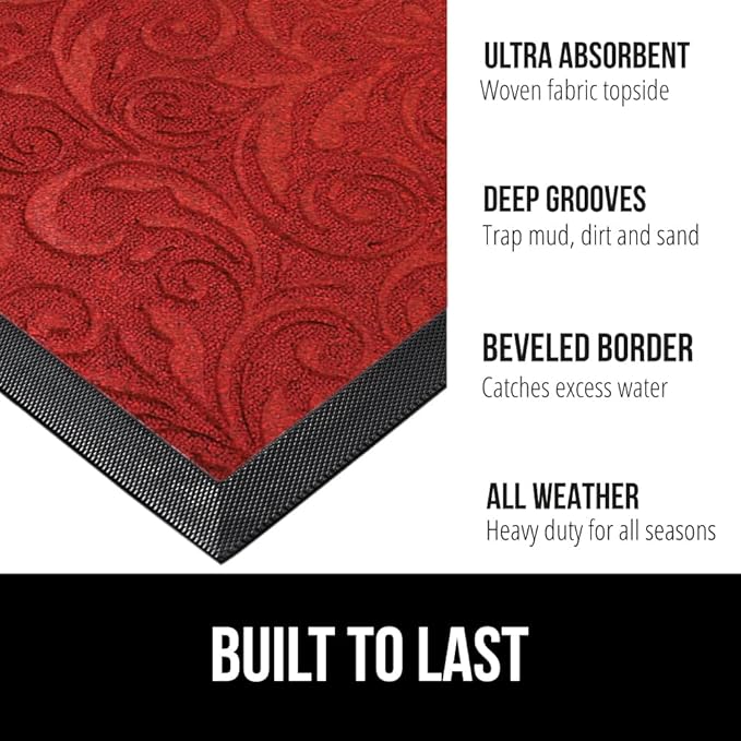GORILLA GRIP 100% Waterproof All-Season WeatherMax Doormat US Designed Natural Rubber, Stain and Fade Resistant, Low Profile Indoor Outdoor Door Mats, Easy Clean Patio Mat, 17x29, Red Vintage Wine-Ruum Studio Home
