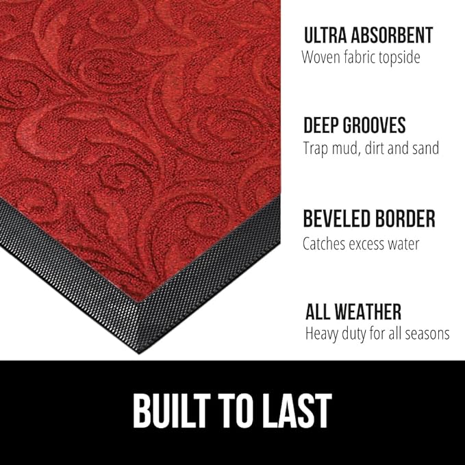 GORILLA GRIP 100% Waterproof All-Season WeatherMax Doormat 35x23, US Designed Natural Rubber, Stain and Fade Resistant, Low Profile Indoor Outdoor Door Mats, Easy Clean Patio Mat, Red Vintage Wine-Ruum Studio Home
