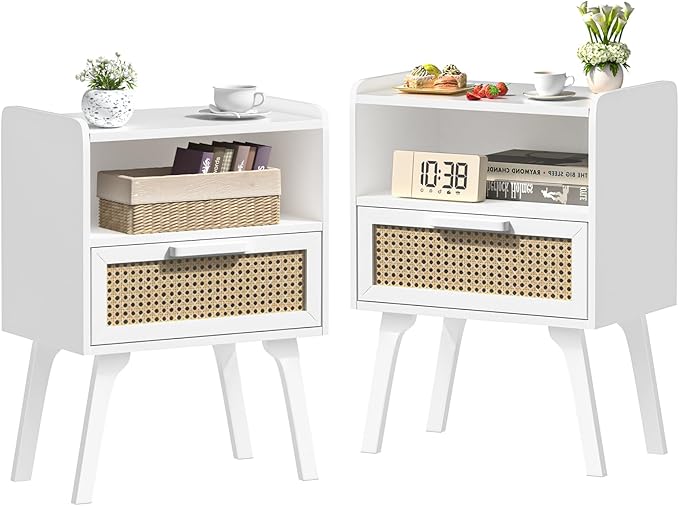 Lerliuo Rattan Nightstands Set of 2, Bedside Table with Drawer Open Shelf, Cane Accent Side End Table with Solid Wood Legs, White Mid Century Night Stand for Bedroom, Dorm and Small Spaces-Ruum Studio Home