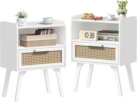 Lerliuo Rattan Nightstands Set of 2, Bedside Table with Drawer Open Shelf, Cane Accent Side End Table with Solid Wood Legs, White Mid Century Night Stand for Bedroom, Dorm and Small Spaces-Ruum Studio Home