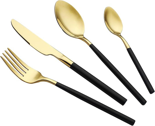 24 Piece Silverware Set For 6 Gold & Matte Black Handle Heavy duty 18/10 Stainless Steel Flatware Set Modern Design Knife/Fork/Spoon Mirror Polished Dishwasher Safe Cutlery Set with Gifts-Ruum Studio Home