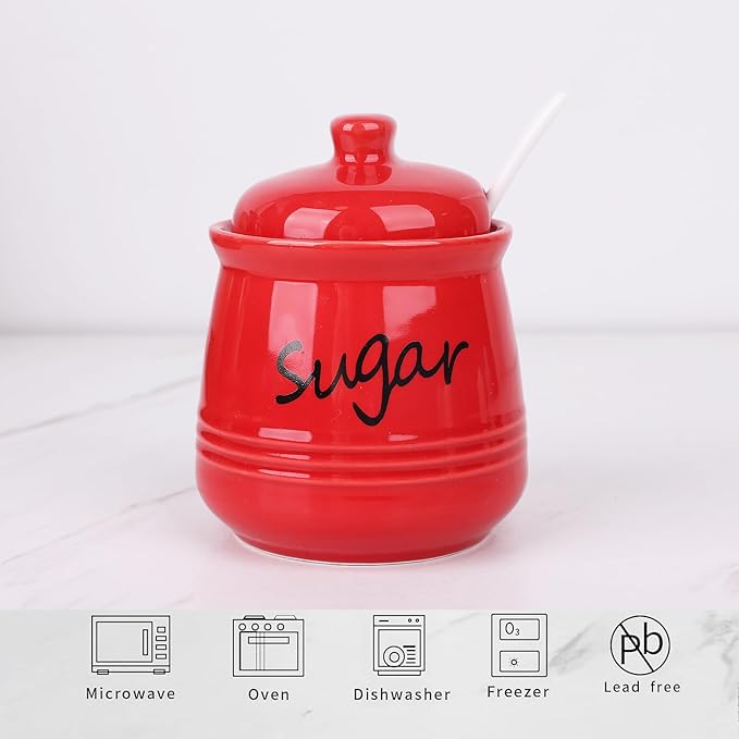 HAOTOP 12oz Sugar Bowl with Lid and Spoon,Ceramic Sugar Jar Sugar Dispenser Sugar Container Coffee Bar Accessories, Kitchen Countertop Canisters, Red-Ruum Studio Home