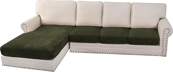 H.VERSAILTEX Velvet Stretch Sectional Couch Covers 4 Pieces Sofa Seat Cushion Covers L Shape Separate Couch Cover for Both Left/Right Sectional Couch (Large Sofa 3 Seater + 1 Chaise, Olive)-Ruum Studio Home