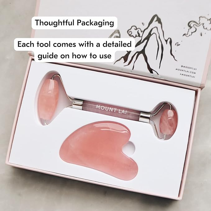 Mount Lai Rose Quartz Gua Sha Facial Tools, Pink Quartz Gua Sha Facial Tools Set and Roller, Guasha Tool for Face to Relieve Muscle Tension and Reduce Puffiness, Anti Aging Skin Care Sets for Women-Ruum Studio Home