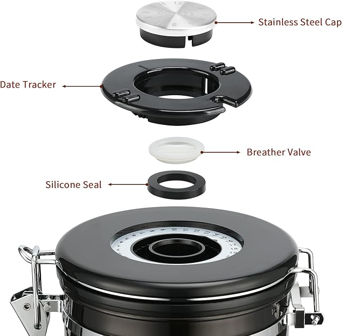 malmo Coffee Canister, Airtight Coffee Container with Date Tracker Lid, Stainless Steel Canister for Kitchen Food Storage (Black-Copper, 12oz)-Ruum Studio Home