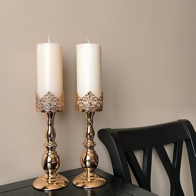 Candle Holders for Pillar Candles Gothic Matte Black Vintage Tall Candle Holders Set of 2 Decorative Large Table Centerpieces Candle Stand Decor (Gold 2PCS A)-Ruum Studio Home