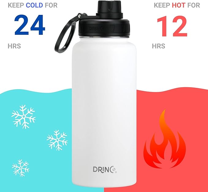 DRINCO Stainless Steel Water Bottle Spout Lid Vacuum Insulated Double Wall Water Bottle Wide Mouth (40oz 32oz 22oz 18oz 14oz) Leak Proof Keeps Cold or Hot (32 oz, 32oz Artic White)-Ruum Studio Home