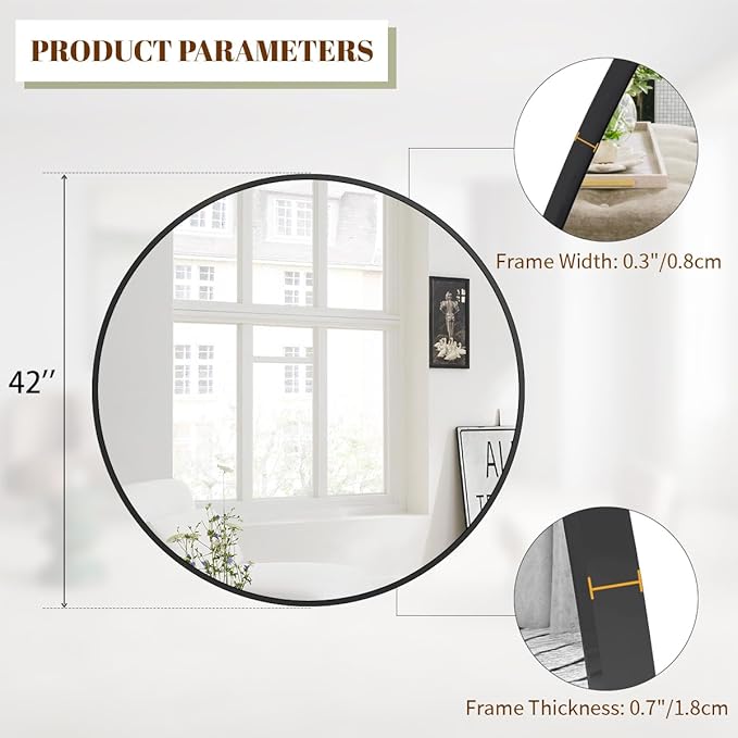 BEAUTYPEAK 42 Inch Round Mirror, Metal Frame Circle Mirror, Wall Mounted for Entryway, Bathroom, Vanity, Living Room, Black-Ruum Studio Home