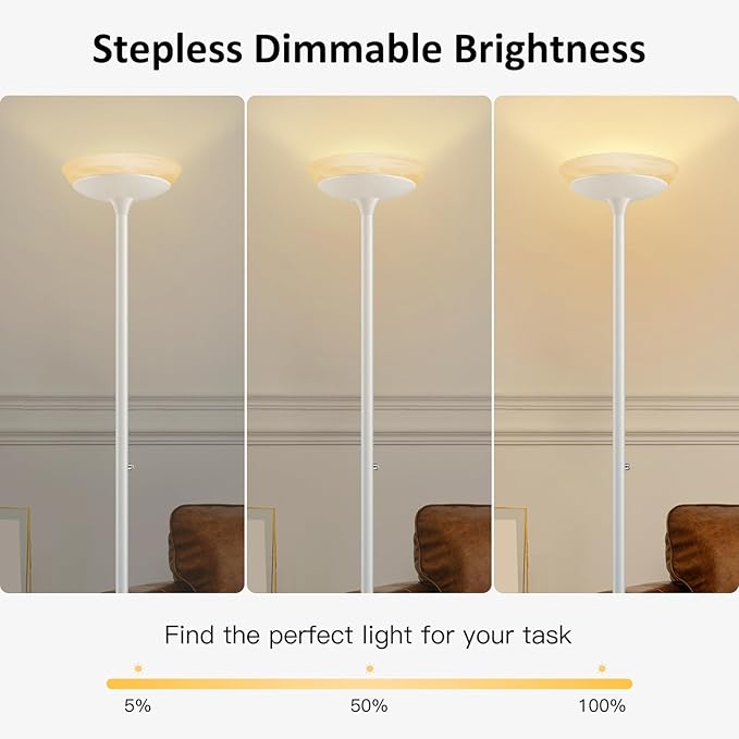 BoostArea Torchiere Floor Lamp, 24W Super Bright LED Standing Lamp, Stepless Dimmable Pole Lamp with 3000K Lighting, Glass Lampshade, 71Inch Tall Metal Modern Floor lamps for Living Room/Bedroom White-Ruum Studio Home