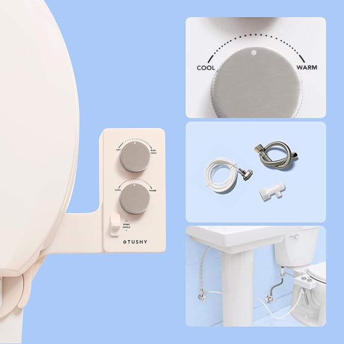 TUSHY Spa Self-Cleaning Warm Water Toilet Bidet Attachment. Adjustable Nozzle, Angle & Pressure Control. Easy DIY Home Install, Requires Sink Access for Optional Warm Water Control. (Biscuit/Platinum)-Ruum Studio Home