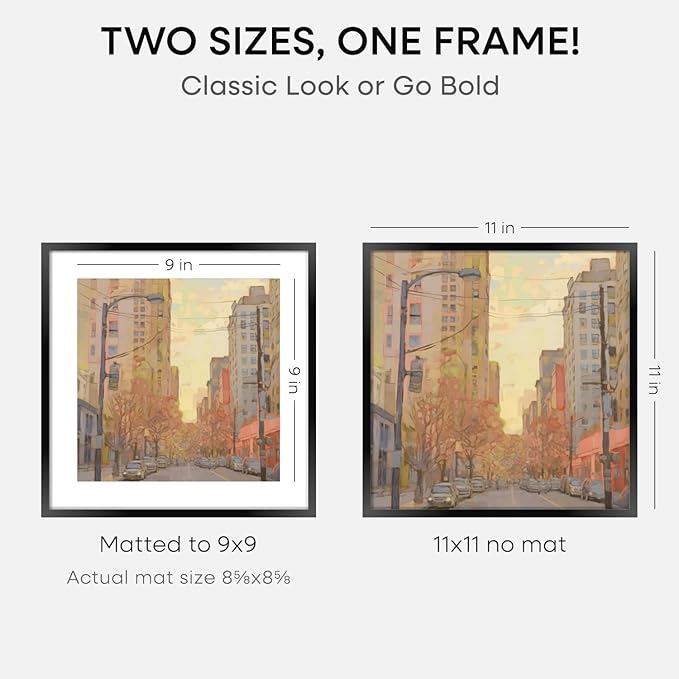 Homeforia 11x11 Picture Frame Black, High End Metal 11 by 11 Square Frames with Mat 9 x 9 Opening, 11by11 Poster Frames Matted to 9x9 inch Photo, Wall Hanging Frame, Tempered Glass, Wall Kit, Set of 1-Ruum Studio Home