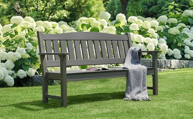 Psilvam 3-Person Outdoor Memorial Bench, All-Weather Poly Lumber Garden Bench, Rot-Resistant Outdoor Patio Bench for Park,Porch,and Church(Grey)-Ruum Studio Home
