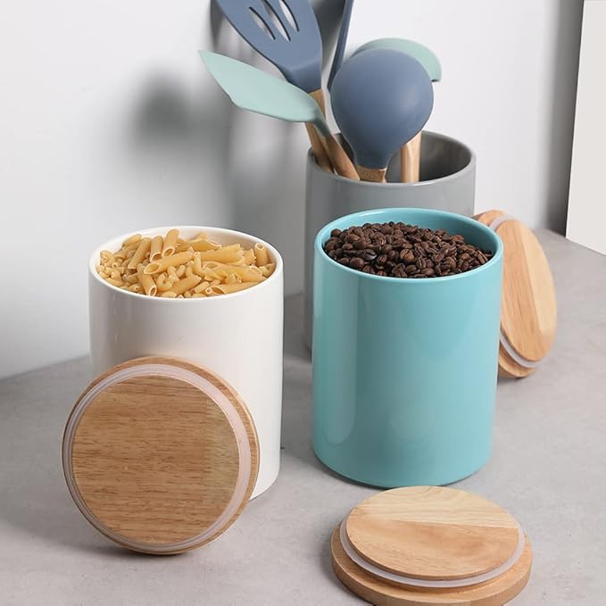 Sweejar Kitchen Canisters Ceramic Food Storage Jar, Stackable Containers with Airtight Seal Wooden Lid for Serving Coffee Bean, Flour, Tea, Cookies and More - 73 Fl Oz(White)-Ruum Studio Home