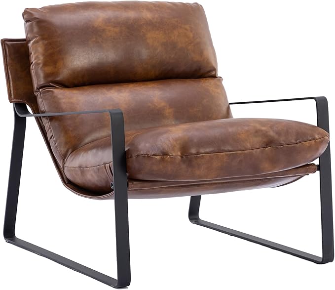 DUOMAY Mid-Century Accent Chair Armchair, Comfy PU Leather Leisure Chair Lazy Chair with Metal Leg for Living Room Bedroom Office Apartment, Brown-Ruum Studio Home