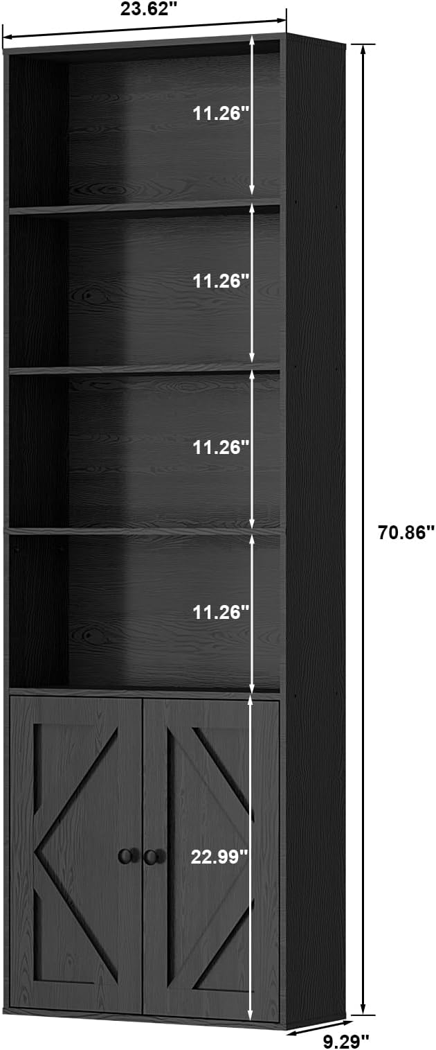 Tall Wooden Bookshelf with Cabinet and Doors – 70.86” Freestanding Tall Bookcase for Heavy Books, Living Room Storage, Home Office Shelf, Bedroom Organization – Vintage Black Wood Book Shelf-Ruum Studio Home