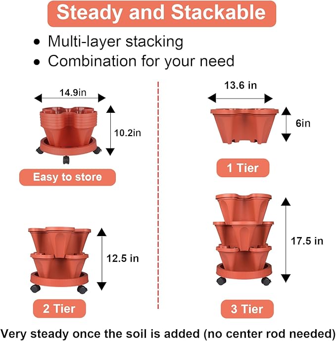 Vertical Planter 3 Tier Stackable Planters Garden Planters Strawberry Herb Flower and Vegetable Planter Indoor Outdoor Gardening Pots with Removable Wheels and Tools-Ruum Studio Home