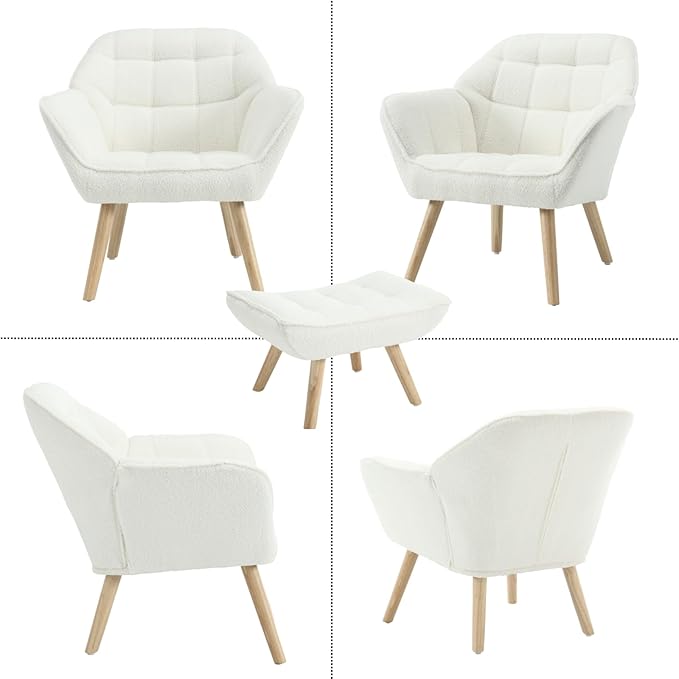 Modern Sherpa Accent Chair with Ottoman Set of 2, Fluffy Upholstered Lounge Chair with Footrest, Comfy Living Room Side Boucle Armchair for Small Space Bedroom, White-Ruum Studio Home