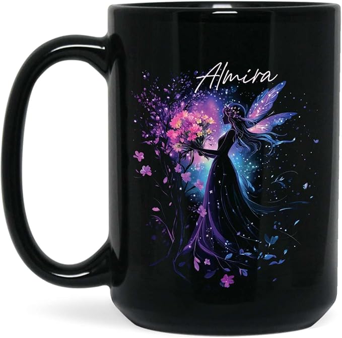 Personalized Beautiful Fairy Holding Flower Coffee Mug, Custom Name Ceramic Cup 11oz 15oz, Enchanted Fantasy Themed Mug, Custom Fairy Lovers Black Cup, Kids Mug, Elegant Fairy Mug-Ruum Studio Home