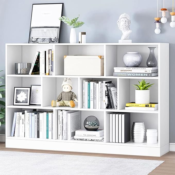 IOTXY Open Shelf Low Bookcase - Wooden 3-Tier Floor Standing Display Cabinet Organizer with Base, 10 Cubes Short Horizontal Bookshelf in Warm White-Ruum Studio Home