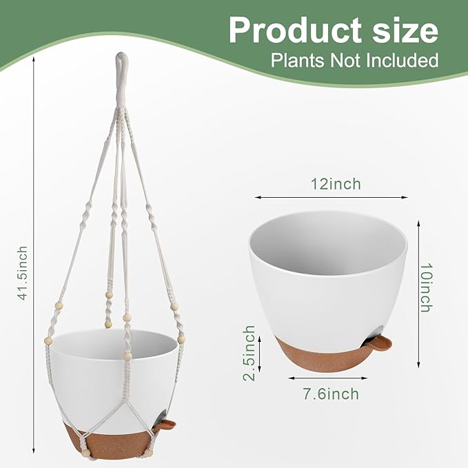 41.5 Inch Macrame Plant Hanger Indoor Outdoor with 12 Inch Flower Pot, Hanging Planter for Plants Holder with Wood Beads for Boho Home Decor (Ivory+White)-Ruum Studio Home