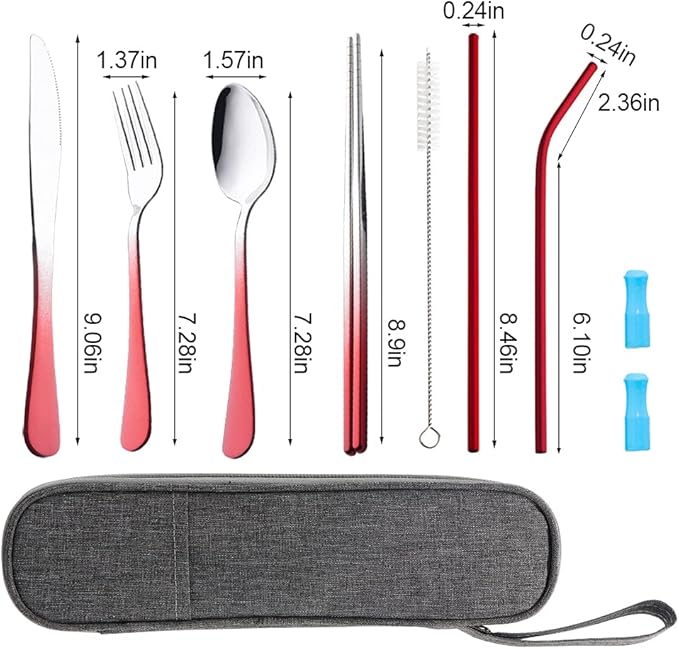 Travel Utensils Set with Case Reusable Portable Cutlery Set Stainless Steel 8pcs Including Dinner Knife Fork Spoon Chopsticks straws (Gradient Red)-Ruum Studio Home