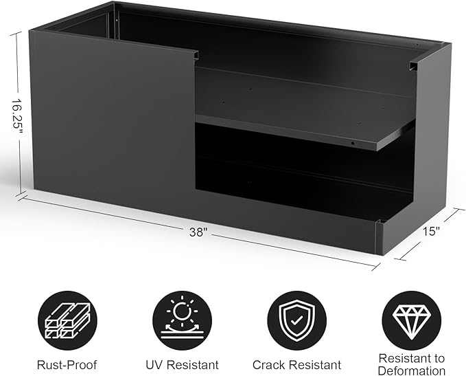 Long Metal Cube Planter for Outdoor Plants 15" W x 38" L x 16.25" H, Heavy Duty Steel Rectangular Planter Box with Removable Insert Shelf, Modern Décor for Outside, Indoor, Garden (Black)-Ruum Studio Home