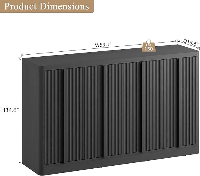 Fluted Buffet Cabinet with Storage, 60" Sideboard Buffet Storage Cabinet with 4 Doors & Adjustable Shelves, Wood Coffee Bar Credenza Accent Cabinet for Kitchen, Dining Room, Living Room, Black(1PCS)-Ruum Studio Home