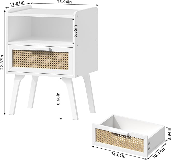 Lerliuo Rattan Nightstand, Bedside Table with Drawer Open Shelf, Cane Accent Side End Table with Solid Wood Legs, White Mid Century Night Stand for Bedroom, Dorm and Small Spaces-Ruum Studio Home