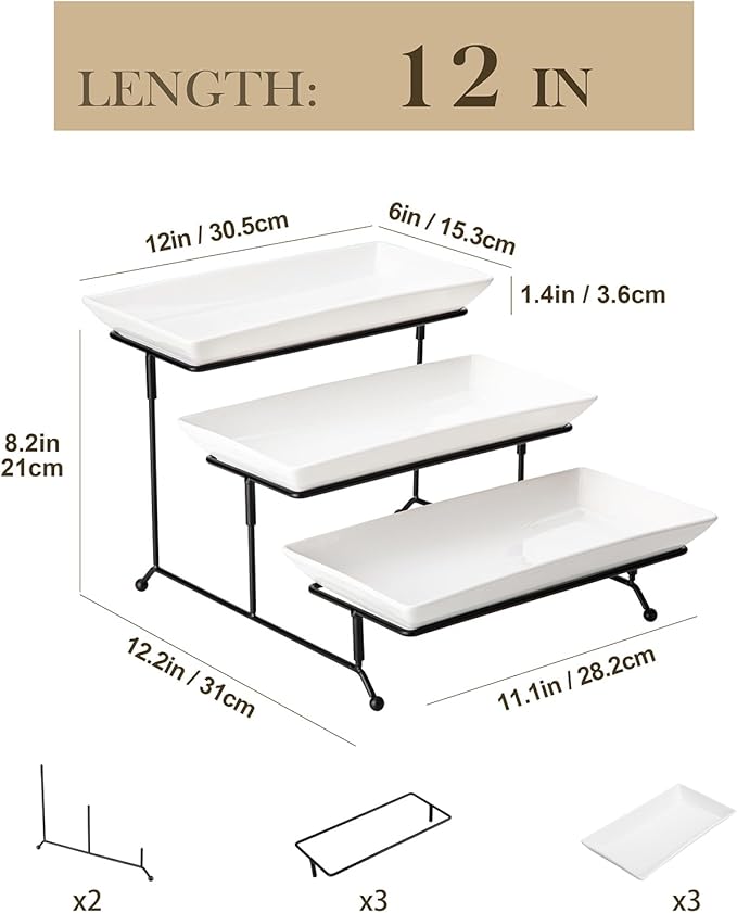 MALACASA 3 Tier Serving Trays for Party, Porcelain Serving Platters and Trays, 12 Inch Tiered Tray Stand, Fruit Tray, Trays for Serving Food, White Dessert Stand with Collapsible Sturdier Metal Rack-Ruum Studio Home