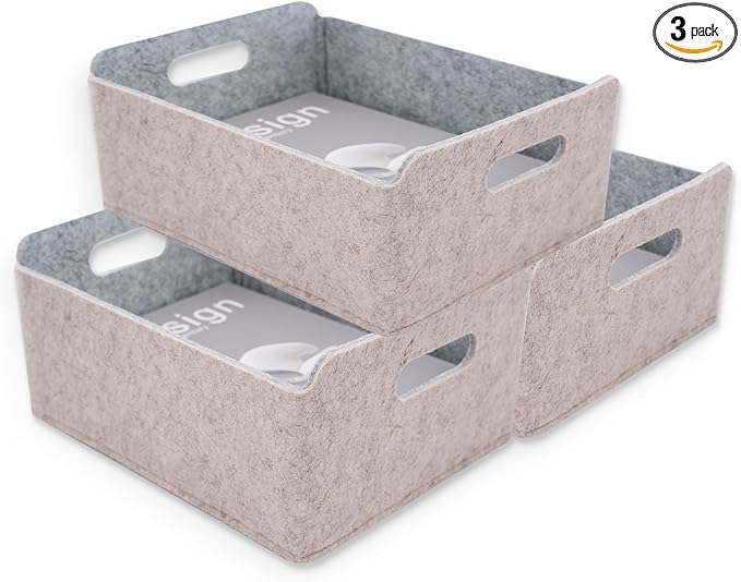 Welaxy Storage Baskets Collapsible Felt Storage bin Foldable Shelf Drawers Organizers for Kids Pet Toys magazine Books Clothes Closet Cabinet decluttering (Oatmeal +Gray)-Ruum Studio Home