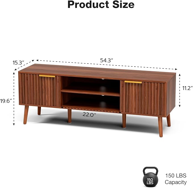 TV Stand for Living Room, Mid Century Modern Entertainment Center for 55/60/65 inch TVs, TV Console with Fluted Door Cabinets and Open Shelves, for Bedroom, Walnut-Ruum Studio Home
