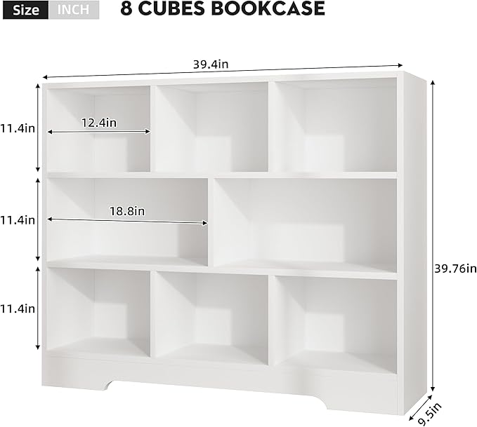 Book Shelf, 8 Cubes Storage Organizer, 3-Tier Open Shelf Wooden Bookcase, Freestanding White Bookshelf Cube Shelf for Bedroom, Living Room, Home Office-Ruum Studio Home