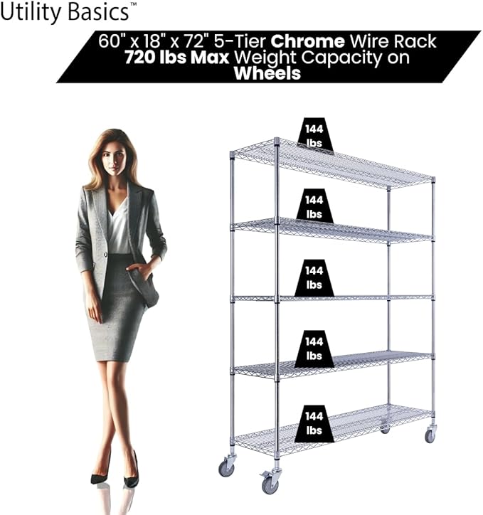 60"x18"x72" Chrome 5-Tier PREMIUM Wire Shelving NSF 4000 LBS MAX CAPACITY Heavy Duty Steel Storage Rack for Warehouses, Garages, Hospitals, Commercial Spaces, & Schools w/PREMIUM WHEELS-Ruum Studio Home