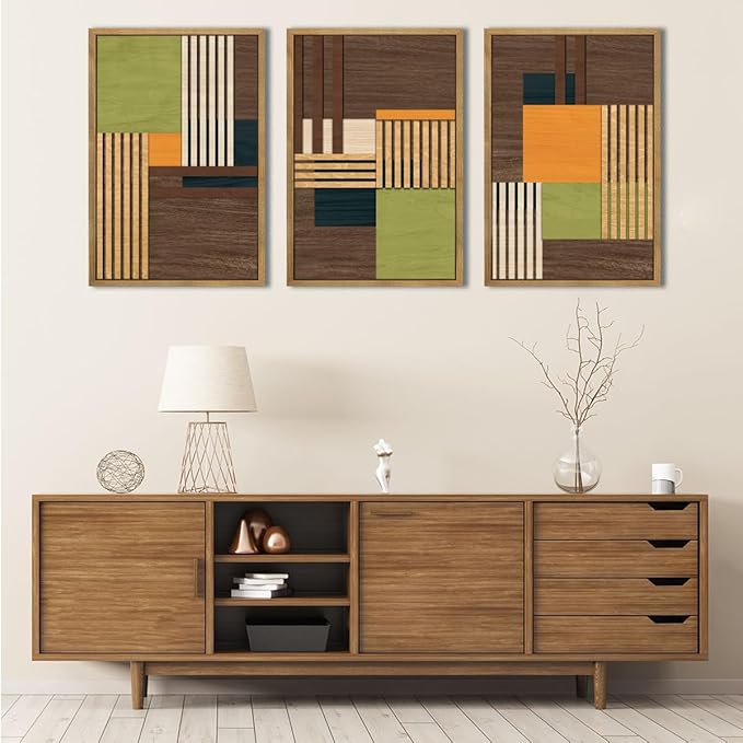 Large Modern Abstract Wall Art Set Minimalist Line Wood Wall Decor Neutral Brown Art Decor Colorful Geometric Wooden Wall Sculptures for Living Room Bedroom Office-16x24Inchx3-Ruum Studio Home