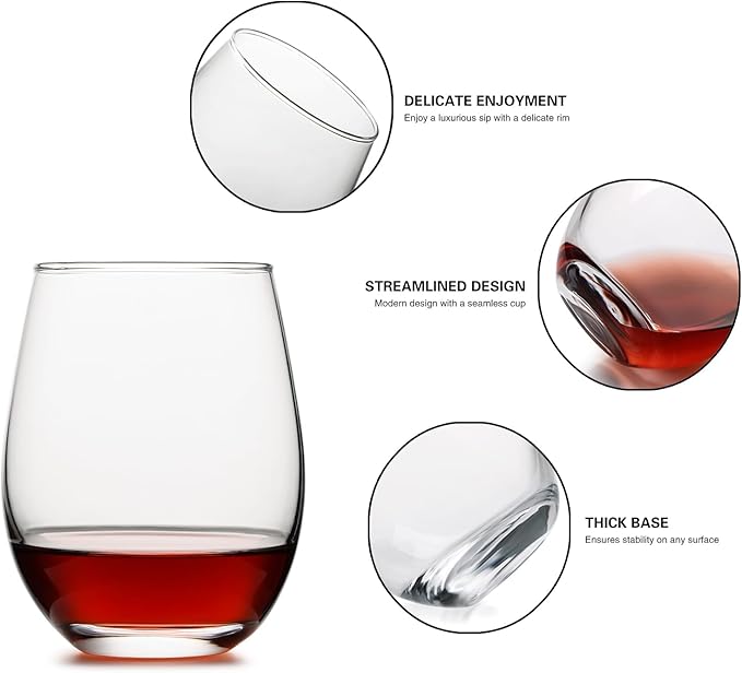 Stemless Wine Glasses Set of 6, 18 Ounces Red & White Wine Glasses for Party, Lead-free, Ideal Wine Accessories Gift (Clear)