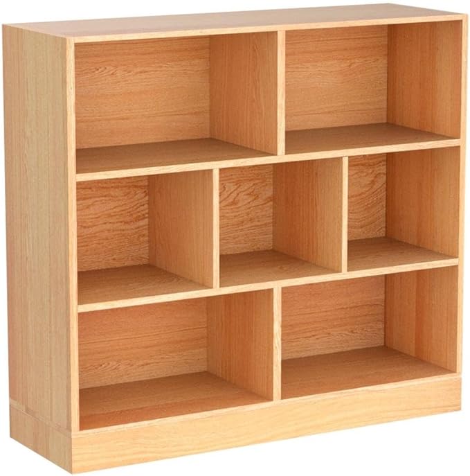 IOTXY Open Shelf Low Bookcase - Wooden 3-Tier Floor Standing Display Cabinet Organizer with Base, 7 Cubes Short Horizontal Bookshelf in Pear Yellow-Ruum Studio Home