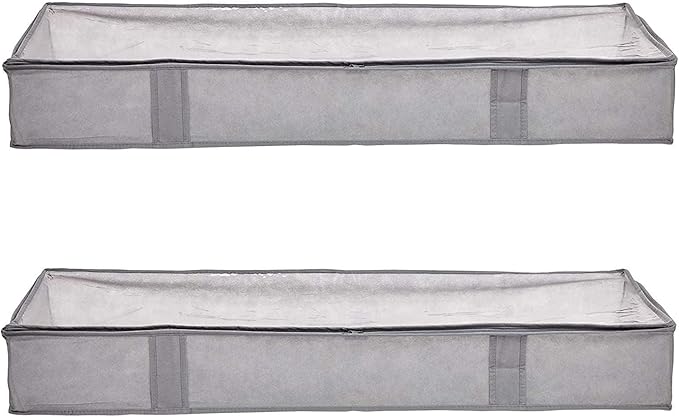 Amazon Basics Under Bed Fabric Zipper Blanket Storage Container Bags with Window and Handles, 2-Pack, 18 x 42 x 6 inches, Gray-Ruum Studio Home