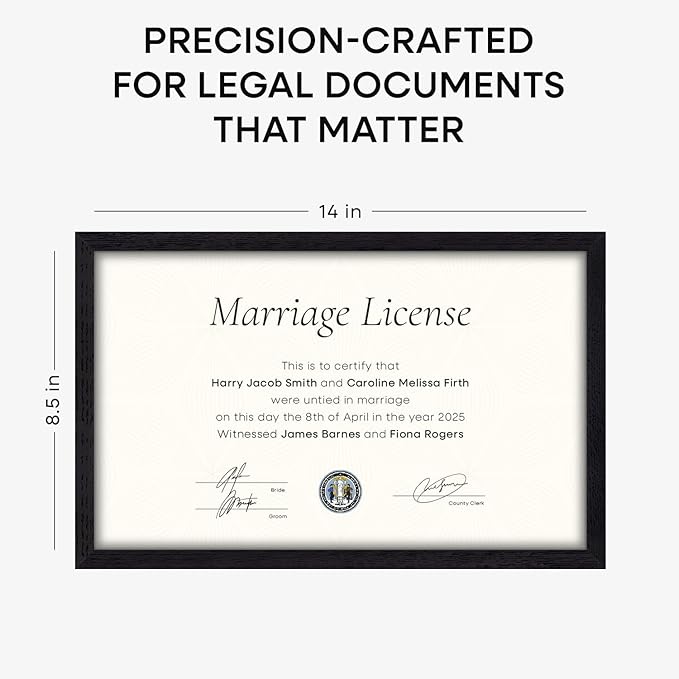 Homeforia 8.5x14 Marriage License Frame Black, High End Oak 8.5x14 Certificate Black Wood Frames, 8.5by14 Wooden Frame for Wall & Tabletop, 8.5 by 14 Picture Frames, Tempered Glass, Wall Kit, Set of 1-Ruum Studio Home