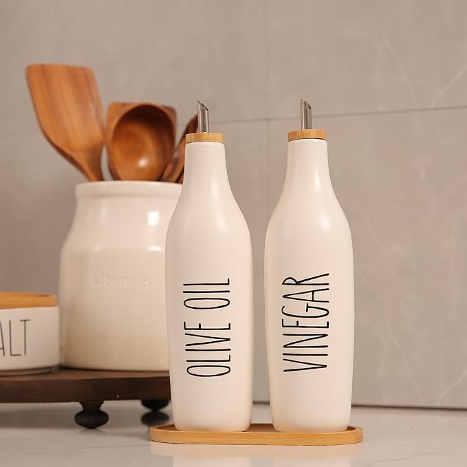 HOMCDALY Olive Oil and Vinegar Dispenser Set, 16oz Ceramic Oil Dispenser for Kitchen, Kitchen Dispenser Bottle for EVOO Vinegar Syrups, Modern Farmhouse Design | Set of 2 – P-White-Ruum Studio Home