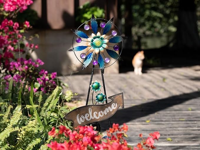 TERESA'S COLLECTIONS Peacock Garden Solar Stake, Wind Spinner Yard Art Sign for Outdoor Decor, Metal Purple Floral Windmill Decorative Garden Stake for Lawn Ornaments, Gifts for Mom, 37''-Ruum Studio Home