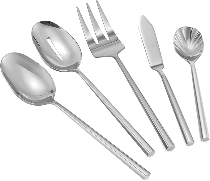 Silverware Serving Set 5-Piece Mirror Polished Stainless Steel Flatware Thick Handle Hexagon Cutlery Serving Utensils Set-Ruum Studio Home