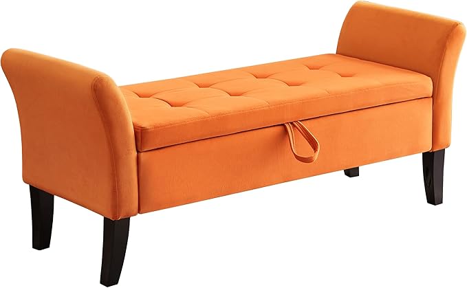 Furniliving 51 Inch Storage Bench for Living Room, Upholstered Bench Ottoman with Velvet Fabric, Modern Entryway Bench with Woodern Legs for Bedroom, Living Room, Shoe Storage & Seating, Orange-Ruum Studio Home
