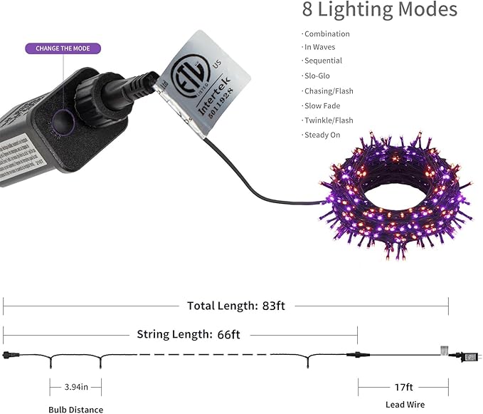 HOME LIGHTING Halloween Lights, 66FT 200 LED Plug in Green Wire String Light, 8 Lighting Modes Waterproof Fairy Mini Lights for Indoor Outdoor Christmas Wedding Party Decorations (Orange & Purple)-Ruum Studio Home