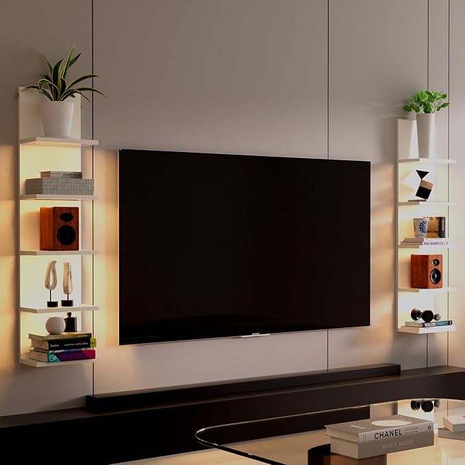 5 Tier Wall Shelf with Light, White Modern Vertical Lack Wall Shelves, Wall Mount, Floating Column Home Decor Shelves for Bedroom, Living Room, Vanity Storage Display-Ruum Studio Home