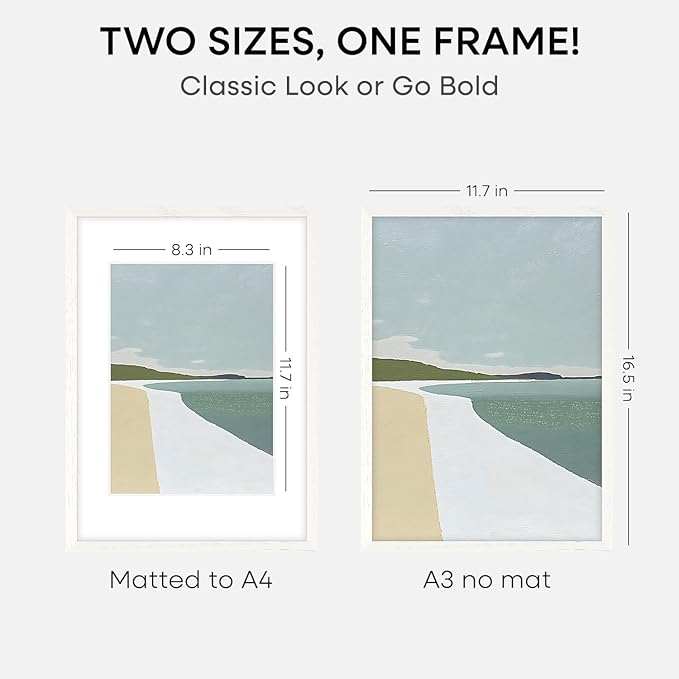Homeforia A3 Picture Frame White Wood, High-End Oak 11.7 x 16.5 White Poster Frames Matted to 8.3 by 11.7 Photo, 11.7x16.5 Size Wooden Frame with Mat 8.3x11.7 Print, Tempered Glass, Wall Kit, Set of 1-Ruum Studio Home