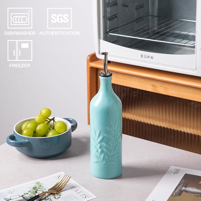 Sweejar Ceramic Olive Oil Dispenser Bottle, 24 Oz Relief Design EVOO Oil and Vinegar Dispensing Bottle with Spout for Kitchen, Set of 1 (Turquoise)-Ruum Studio Home
