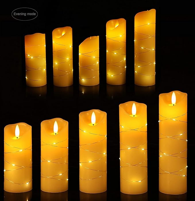 danip flameless Candle, with Embedded String Lights, 5-Piece LED Candles, with 10-Key Remote Control, 24-Hour Timer Function, Dancing Flame, Real Wax, Battery-Powered. (Ivory White)-Ruum Studio Home