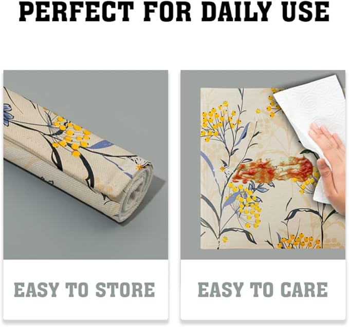 Floral Placemats Set of 4 Vintage Floral Summer Flowers Yellow Placemats for Kitchen Table Linen Placemats Washable Non-Slip Heat Resistant Place Mats for Party Kitchen Dining Decorations 18x12 Inch-Ruum Studio Home