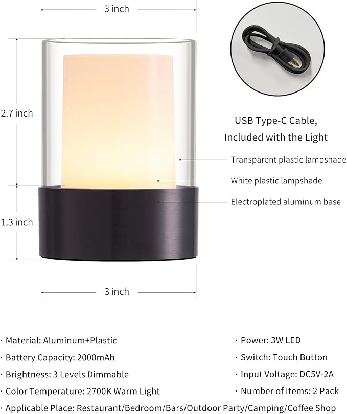 LED 4" Mini Cordless Table Lamp 2 Pack, Outdoor Waterproof Lamp, Rechargeable Battery Operated Lamp, Portable Touch Night Light for Dining Room, Camping, Nursery, Baby, Bar, Party (Black)-Ruum Studio Home